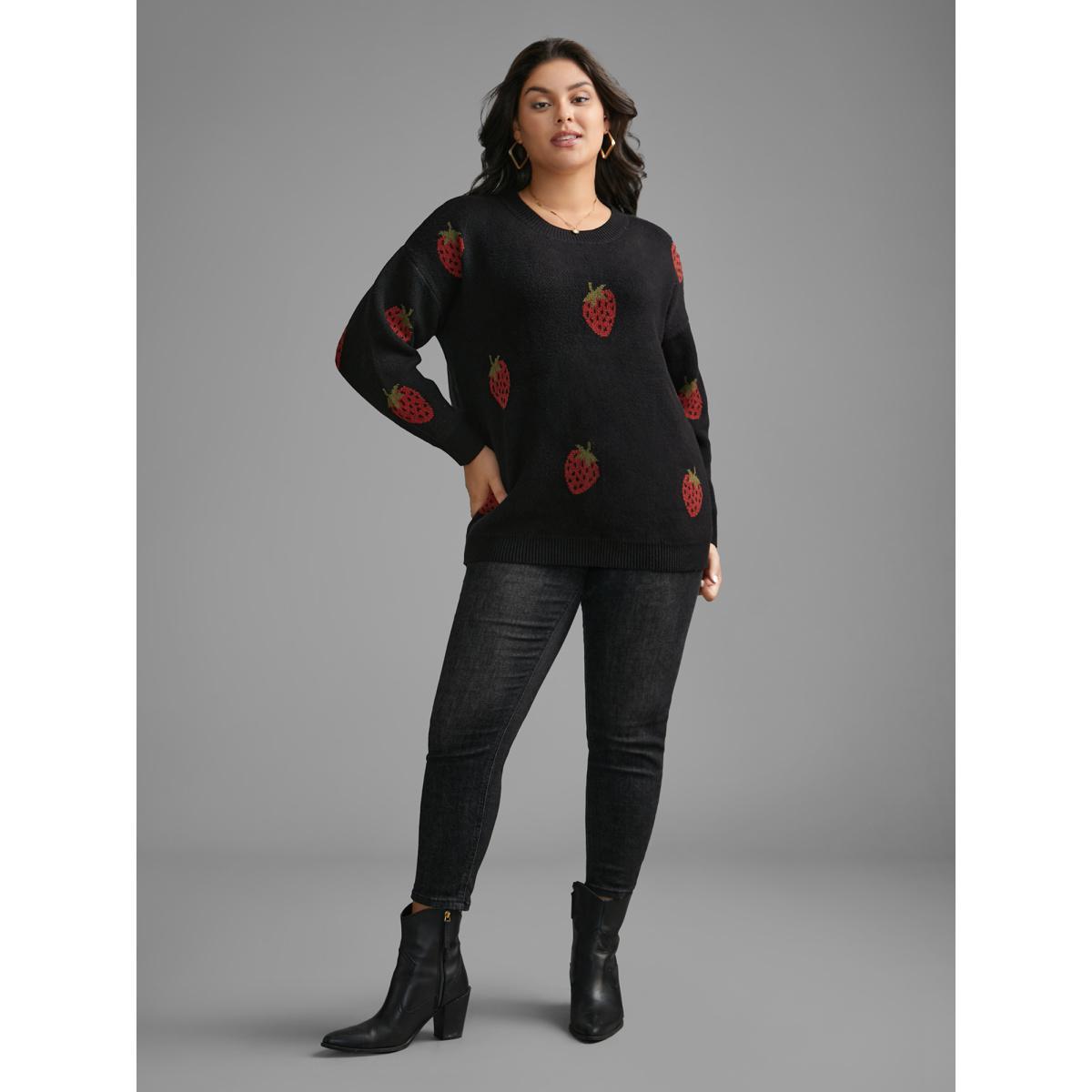 Plus Size Strawberry Jacquard Drop Shoulder Sleeve Pullover Black Women Casual Loose Long Sleeve Round Neck Everyday Pullovers BloomChic 22-24/3X Product Image