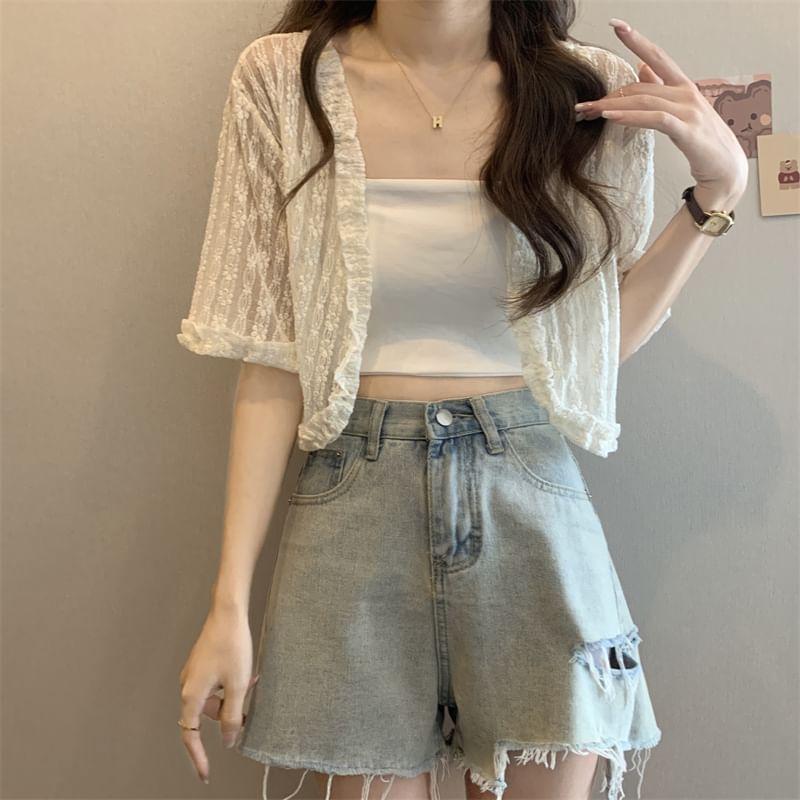 Short-Sleeve Lace Open Front Crop Light Jacket / Camisole Top Product Image