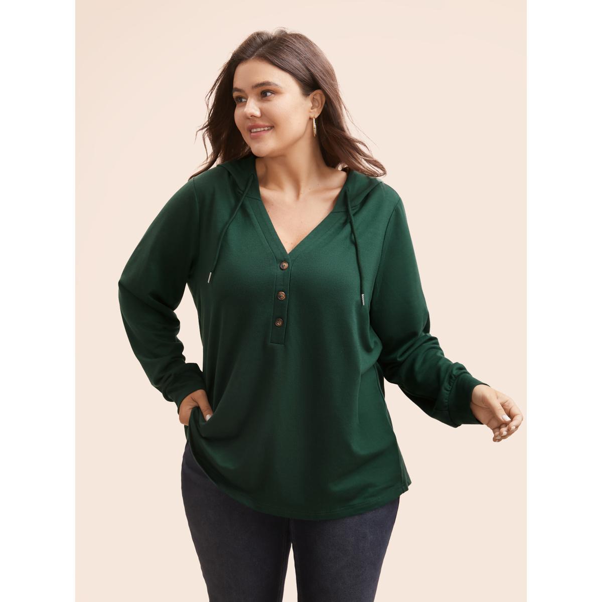 Plus Size Plain Button Up Drawstring Hooded Sweatshirt Women DarkGreen Casual Elastic cuffs Hooded Dailywear Sweatshirts BloomChic 18-20/2X Product Image