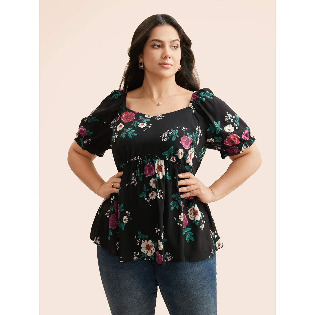 Plus Size Black Floral Print Square Neck Gathered Puff Sleeve Blouse Women Elegant Short sleeve Heart neckline Dailywear Blouses BloomChic 12/L Product Image