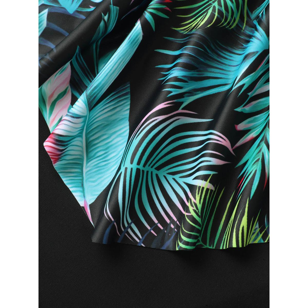 Plus Size Tropical Print Side Drawstring One-Piece Swimsuit Women's Swimwear Black Beach Drawstring Curve Bathing Suits High stretch One Pieces BloomChic 26/4X Product Image