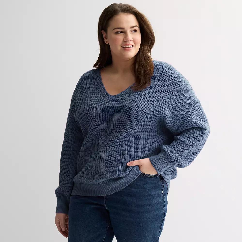 Plus Size Sonoma Goods For Life Mixed Stitch V-Neck Sweater, Women's, Size: 1XL, Blue Product Image