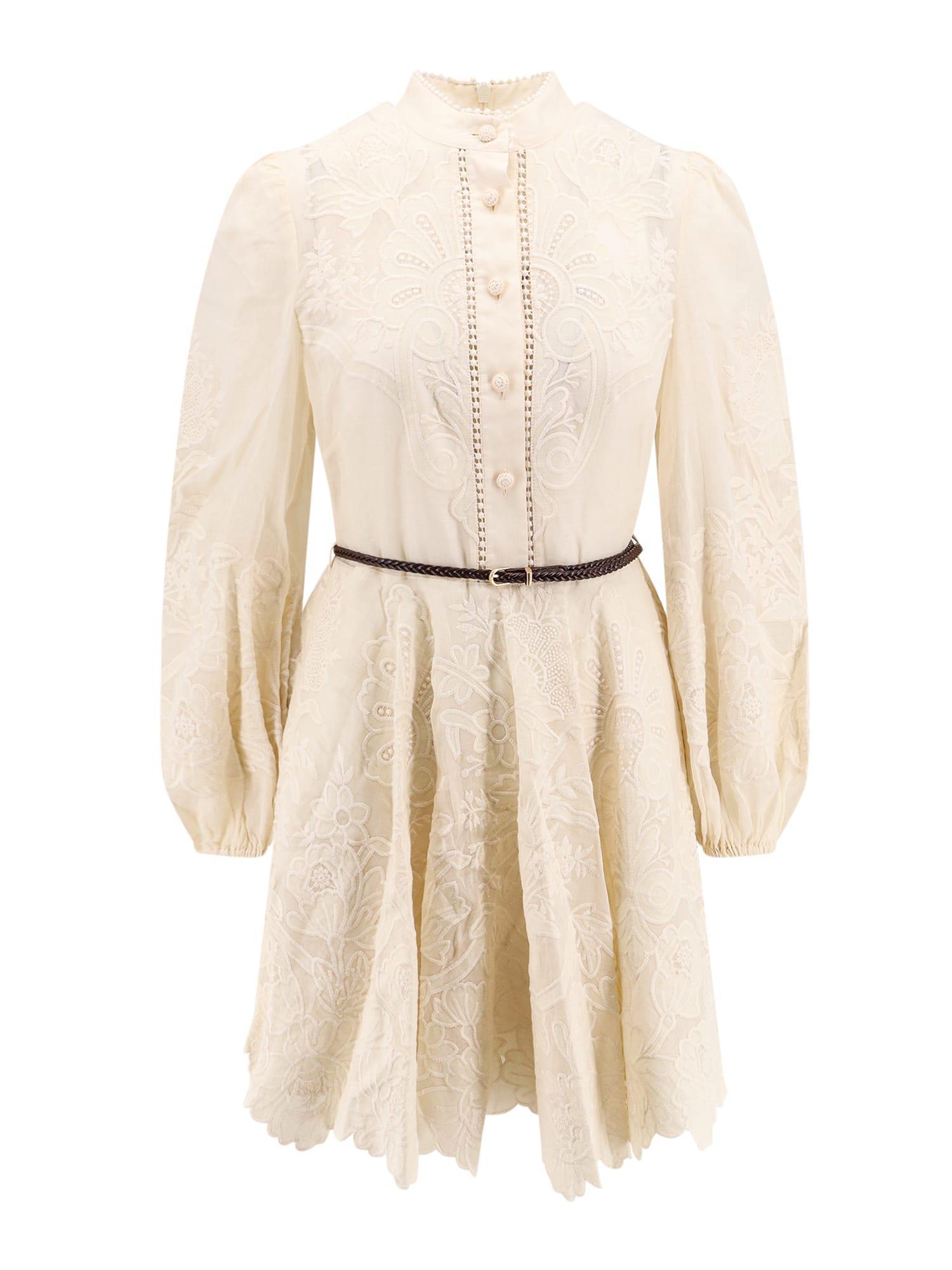 ZIMMERMANN Ottie Belted Braided Leather- And Ramie-trimmed Embroidered Linen Mini Dress In White Product Image