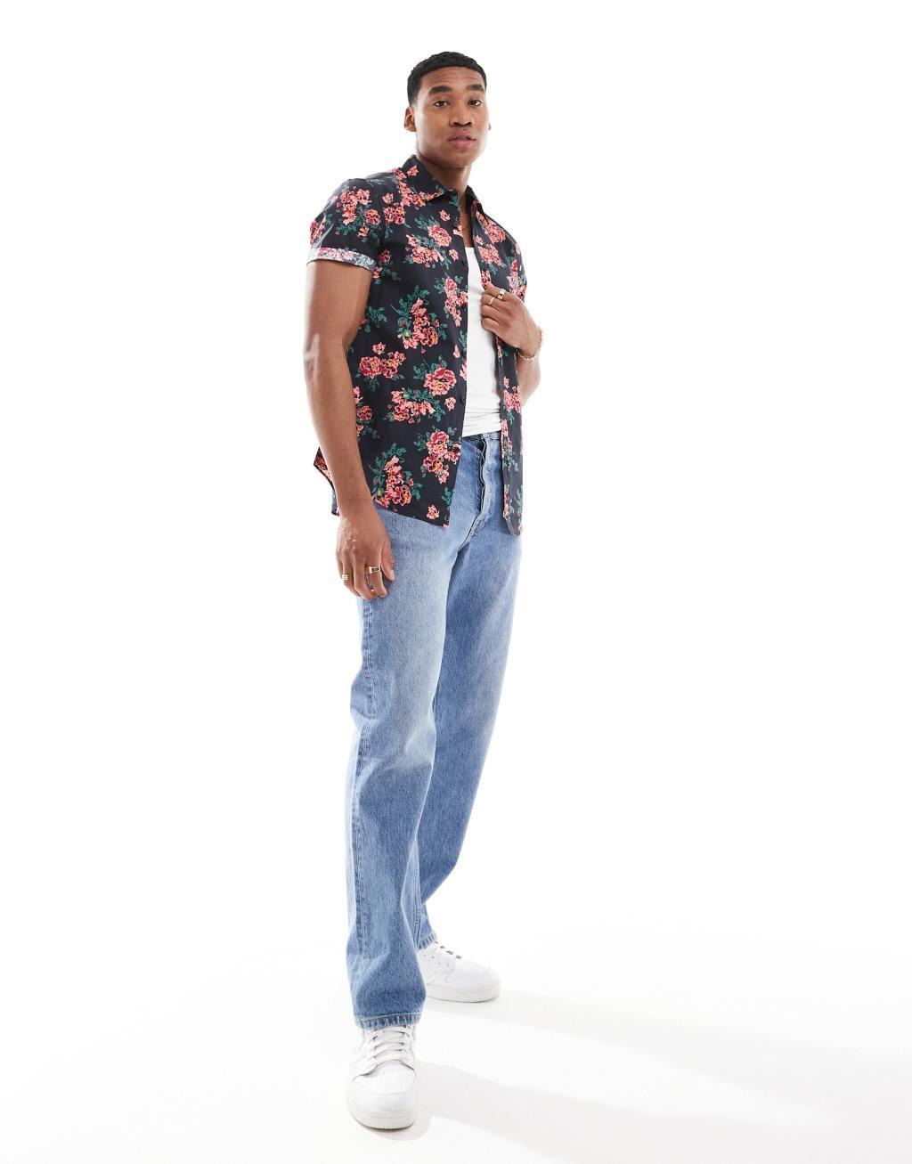 ASOS DESIGN stretch slim shirt with black base floral Product Image