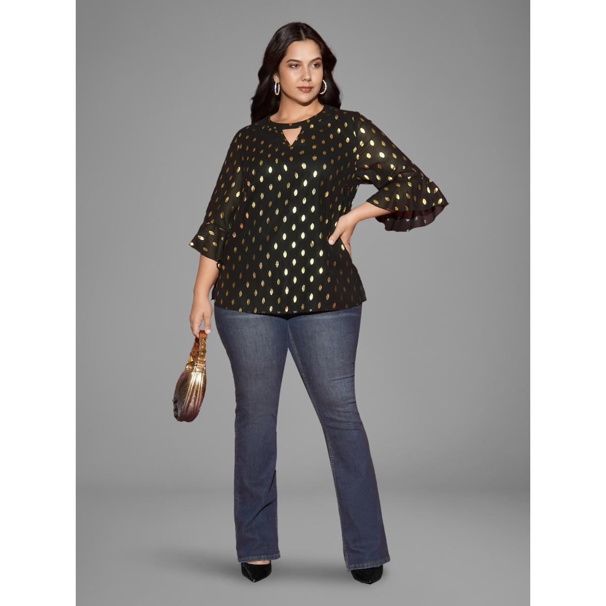 Plus Size Black Gold Foil Neck Cut-Out Blouse Women Cocktail Elbow-length sleeve Round Neck Party Blouses BloomChic 30/6X Product Image