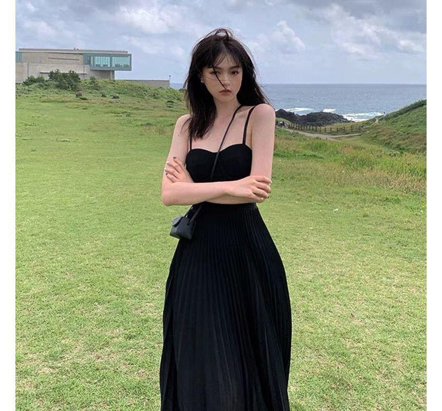 Spaghetti Strap Plain Midi A-Line Dress Product Image