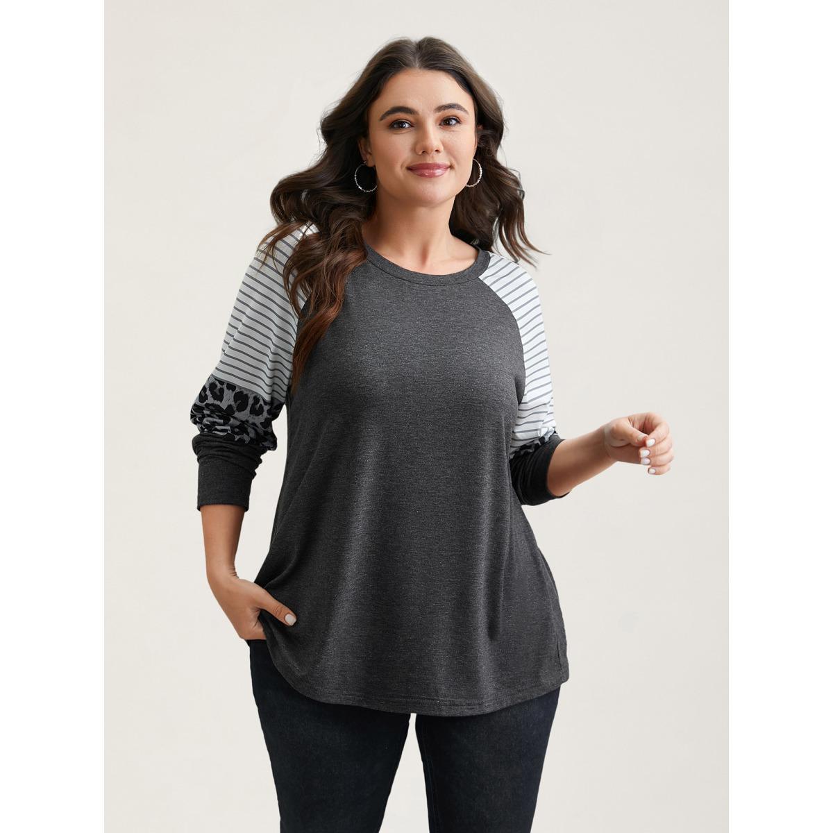 Plus Size Mixed Leopard Print Raglan Sleeve T-Shirt DimGray Women Leisure Contrast Round Neck Casual T-shirts BloomChic 22-24/3X Product Image