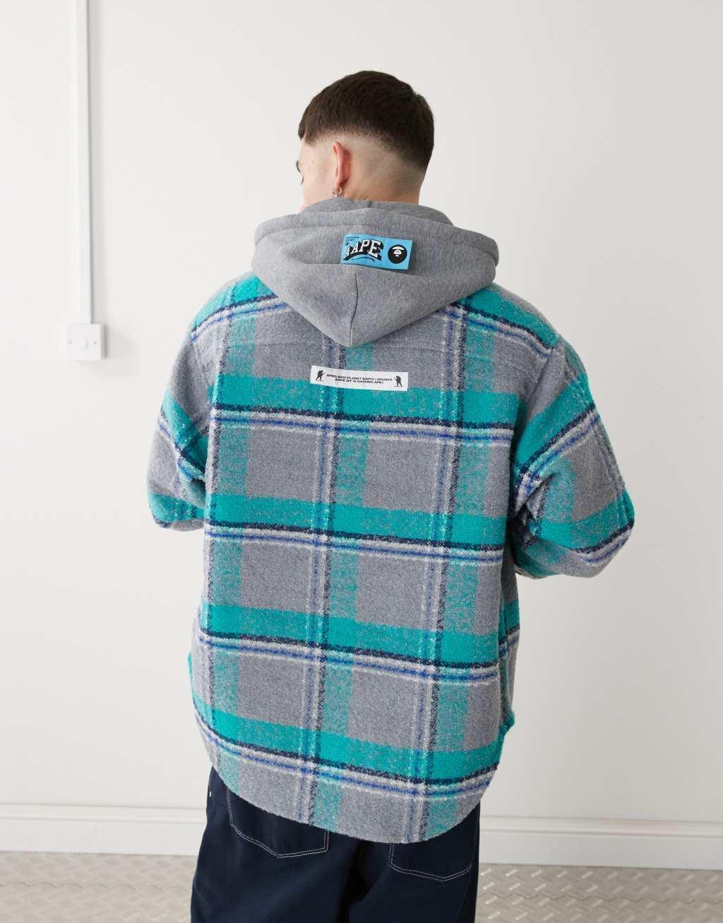 Aape By A Bathing Ape long sleeve hooded shacket in blue and gray check Product Image