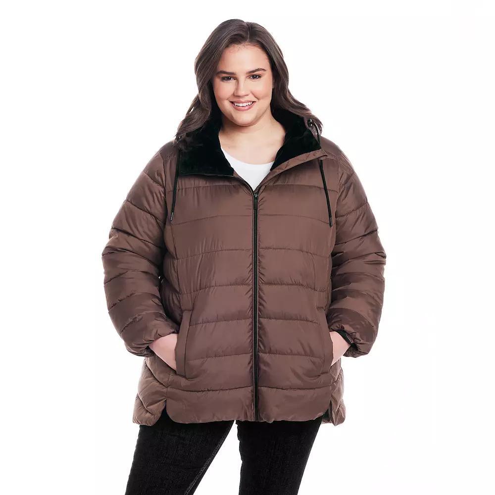 Plus Size Weathercast Hooded Puffer Coat with Cozy Pile, Women's, Size: 1XL, Beechwood Product Image