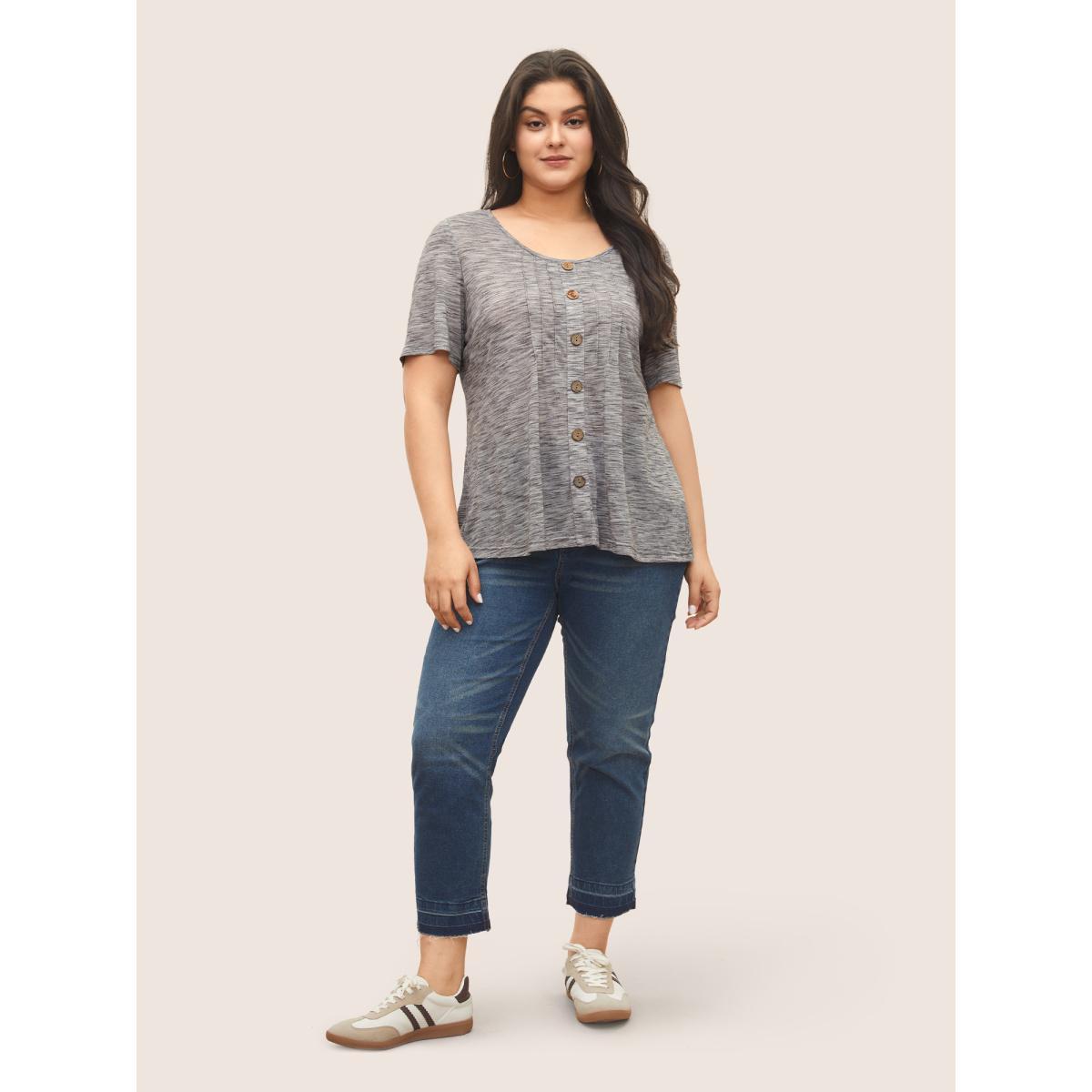 Plus Size Round Neck Heather Pleated Button Detail T-shirt LightGray Women Casual Button Plain Round Neck Everyday T-shirts BloomChic 28/5X Product Image