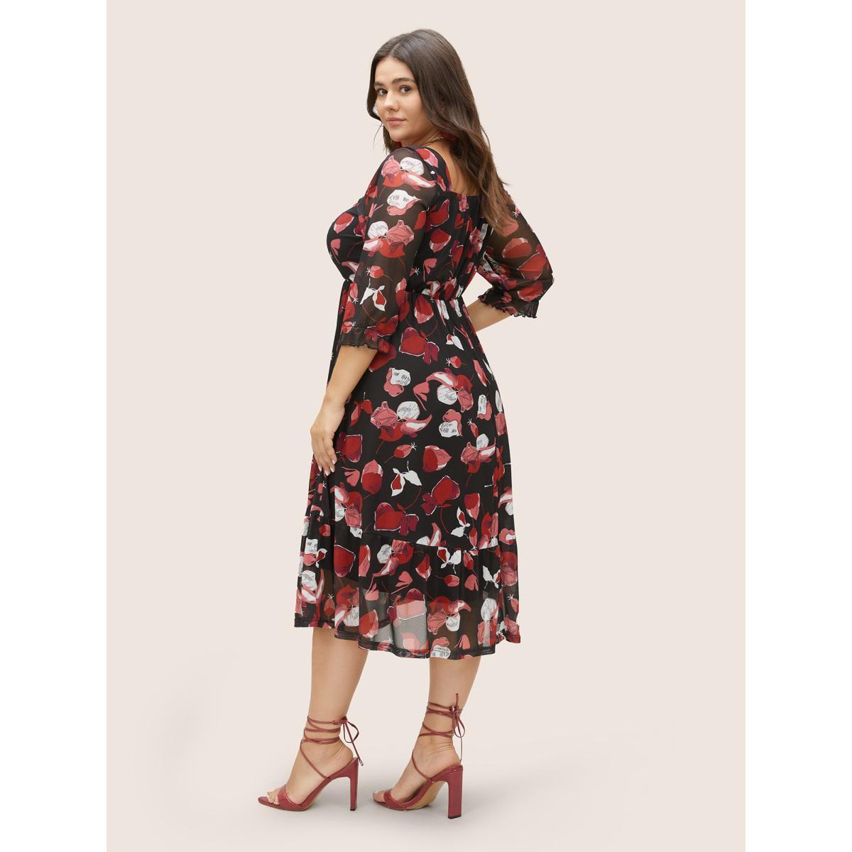 Plus Size Floral Print Drawstring Mesh Ruched Dress Black Women Elegant Lined Square Neck Half Sleeve Curvy Midi Dress BloomChic 22-24/3X Product Image