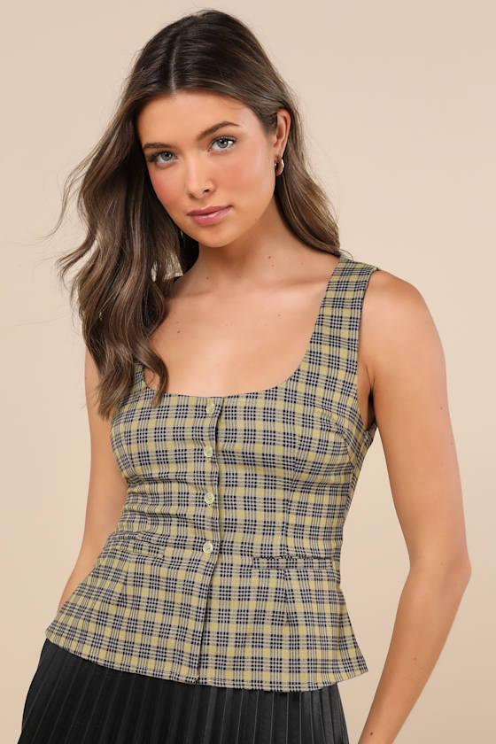 Ganita Yellow Plaid Scoop Neck Button-Front Sleeveless Vest Top Product Image