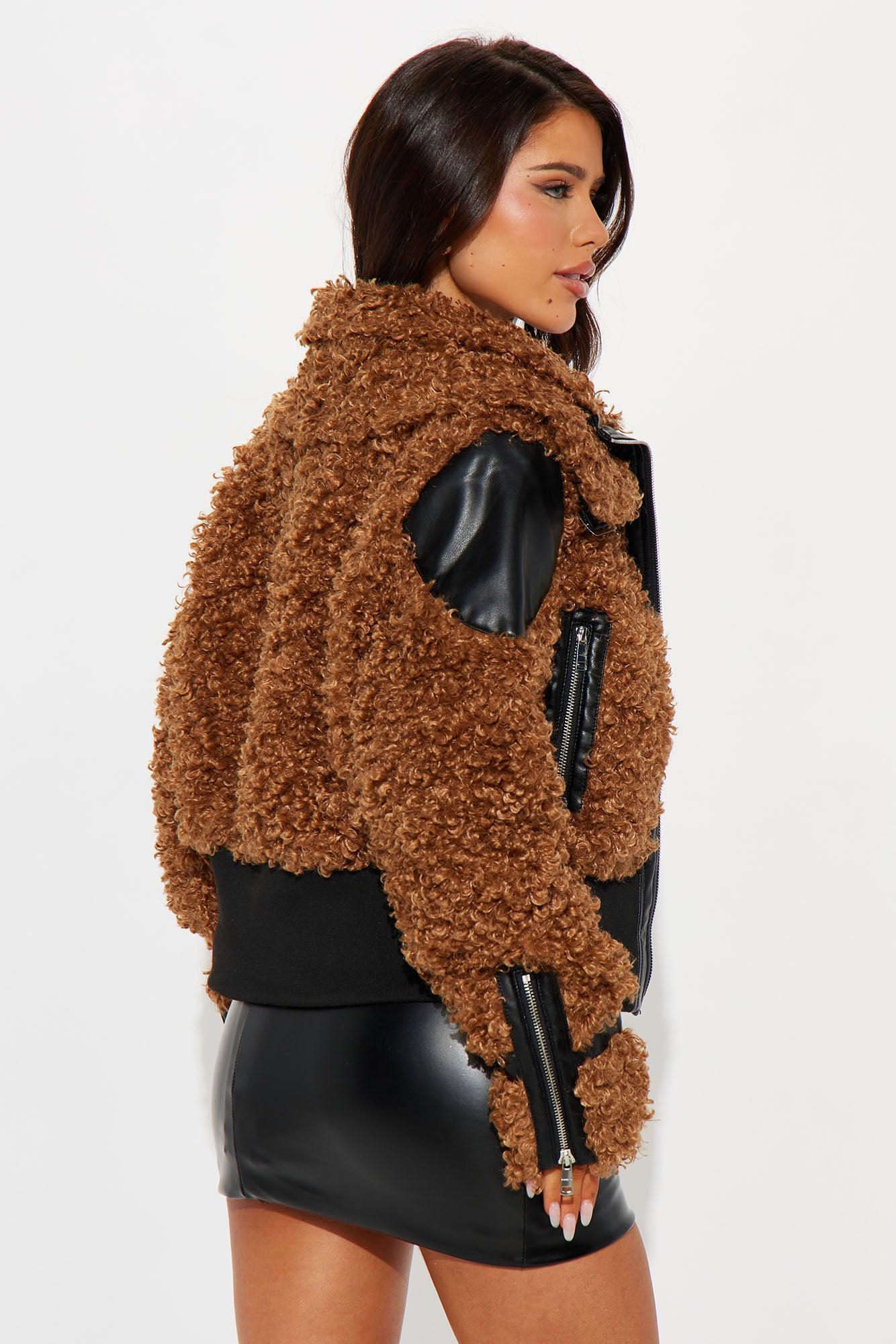 Wild Side Faux Fur Bomber Jacket - Cognac Product Image