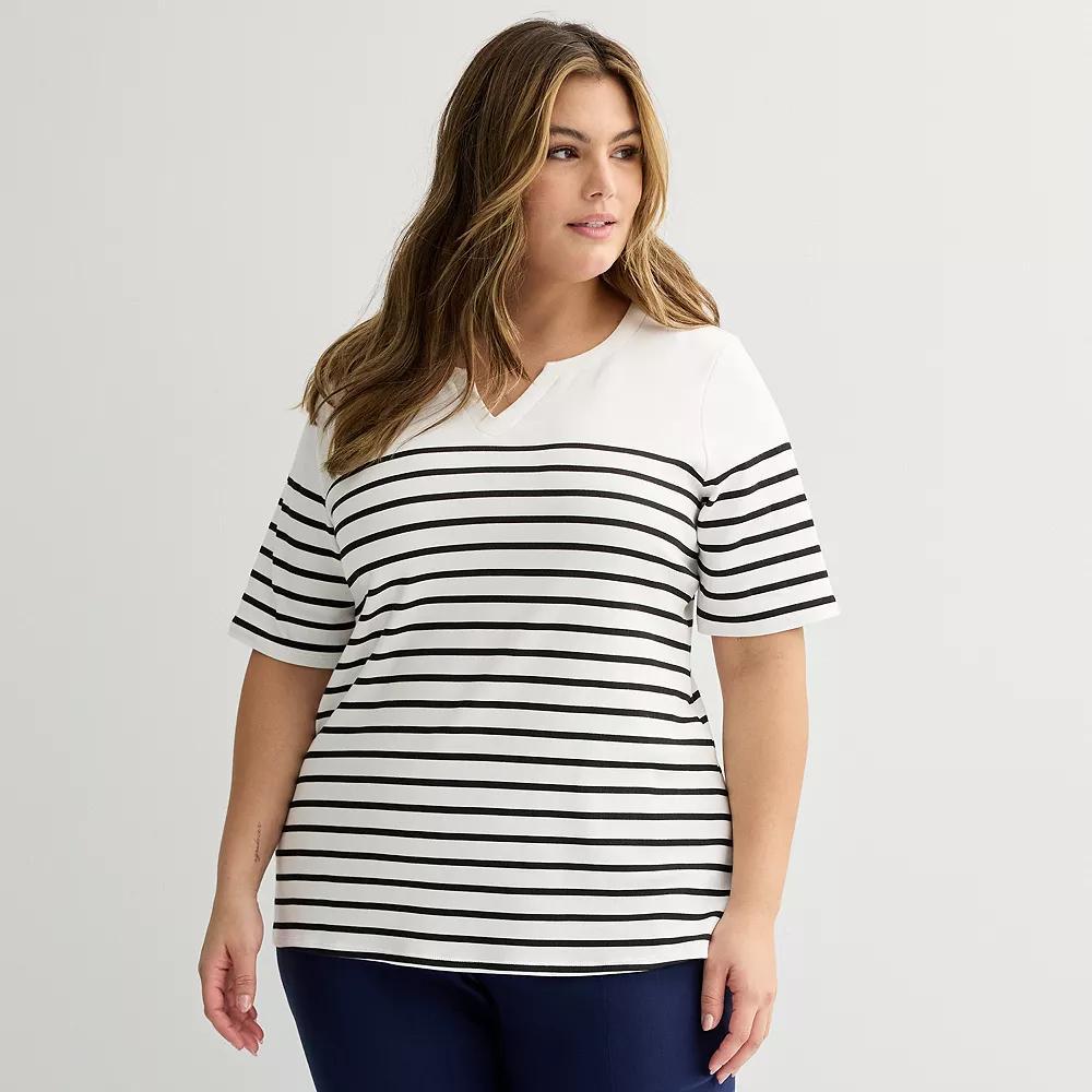 Plus Size Croft & Barrow® Elbow Sleeve Split Neck Top, Women's, Size: 0X, Black Placed Stripe Product Image