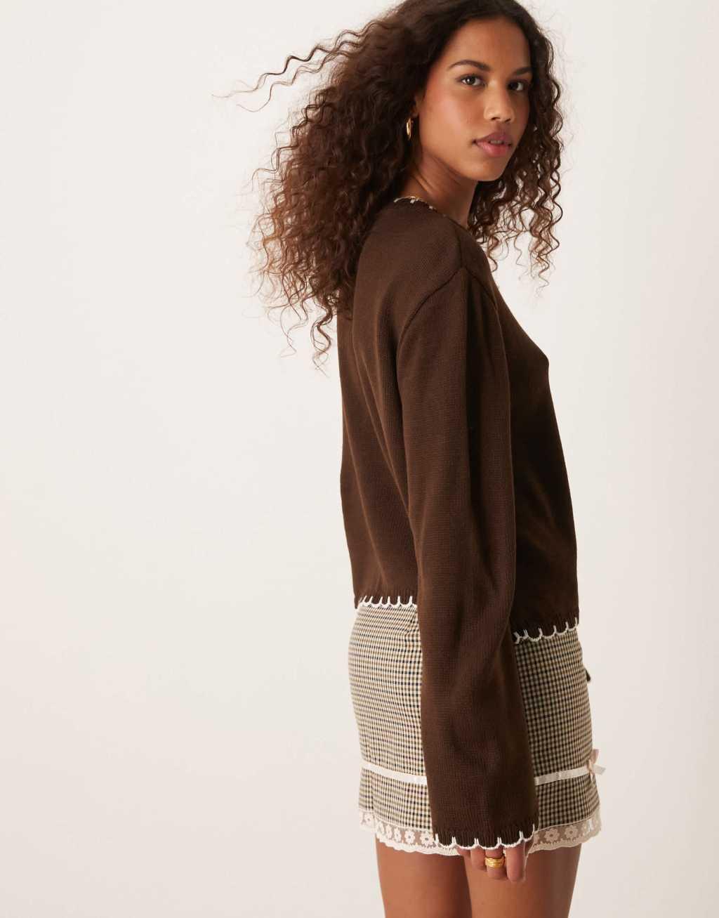 Miss Selfridge blanket stitch cardigan in chocolate Product Image