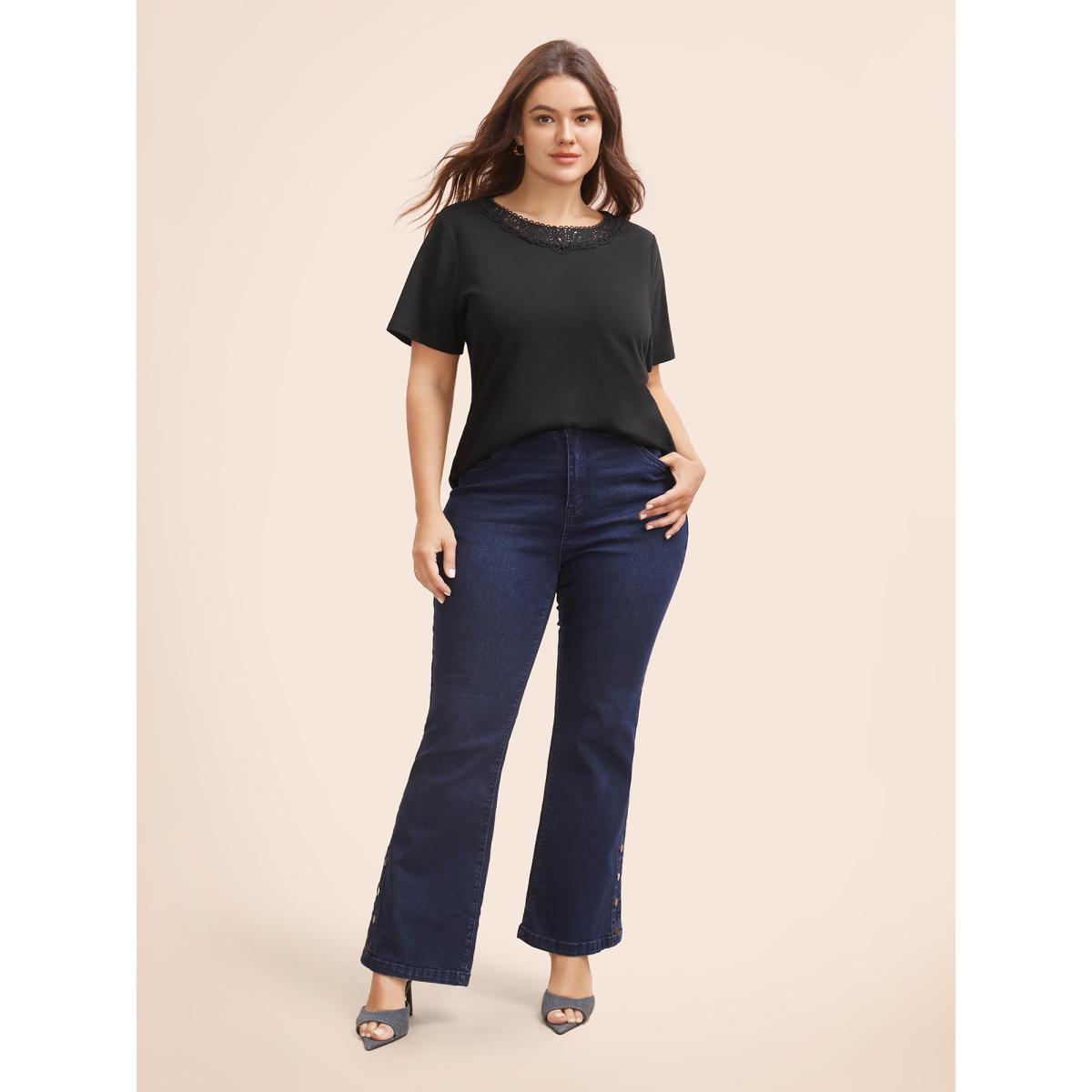 Plus Size Crew Neck Stretch Lace Patchwork T-shirt Black Women Elegant Patchwork Non Everyday T-shirts BloomChic 12/L Product Image