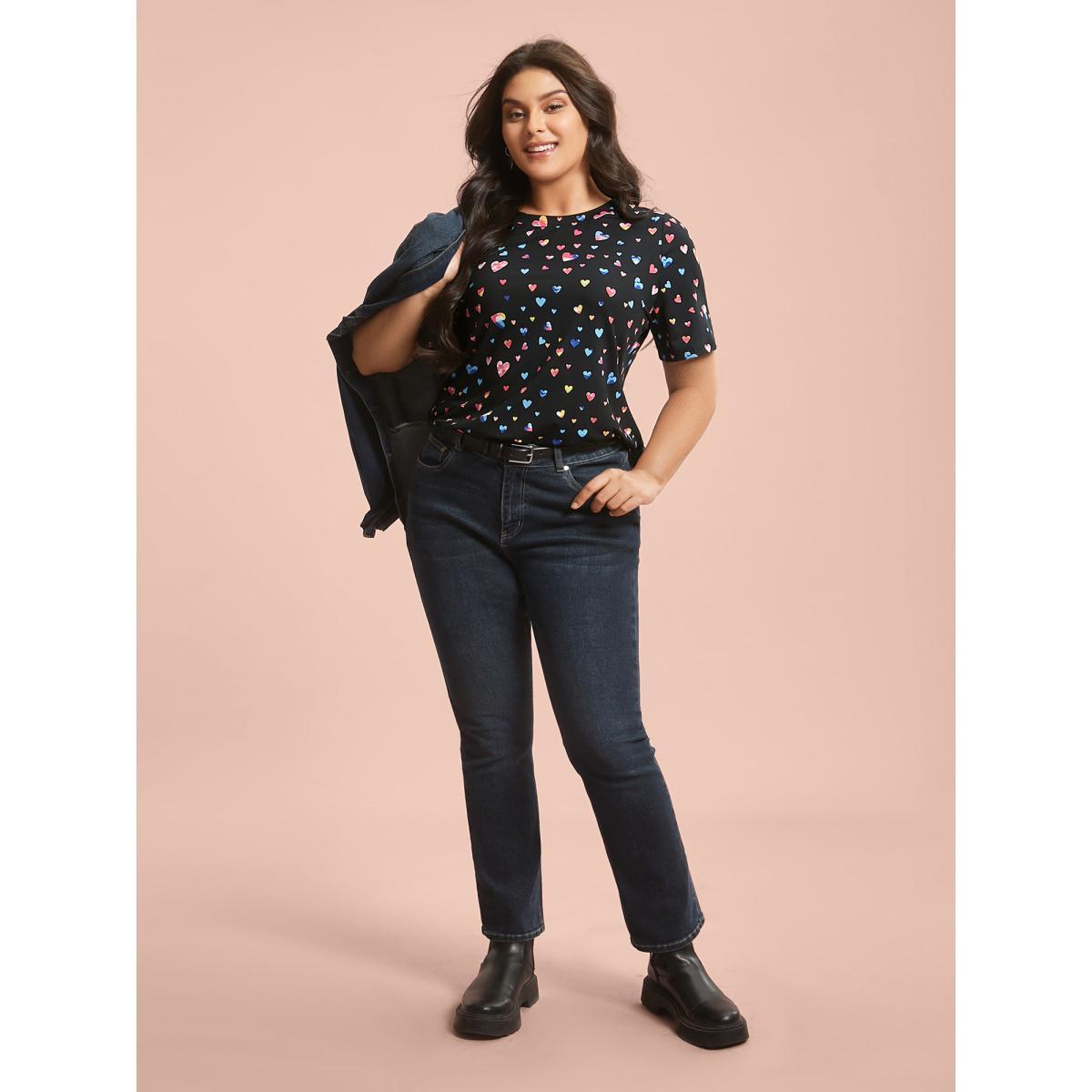 Plus Size Multi-Color Hearts Printed Stretchy T-Shirt Black Women Elegant Contrast Round Neck Everyday T-shirts BloomChic 18-20/2X Product Image