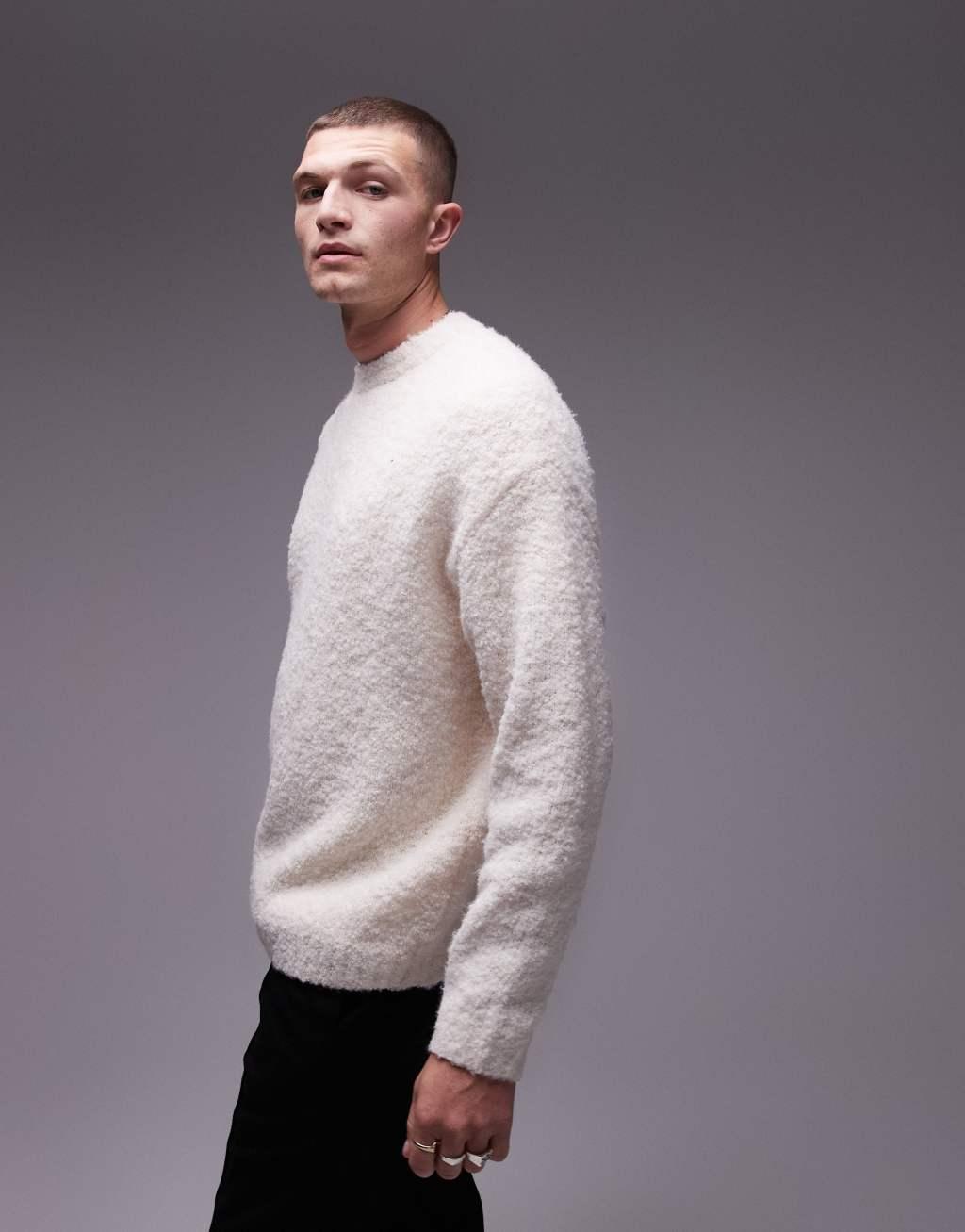 Topman relaxed fit boucle sweater in oatmeal Product Image