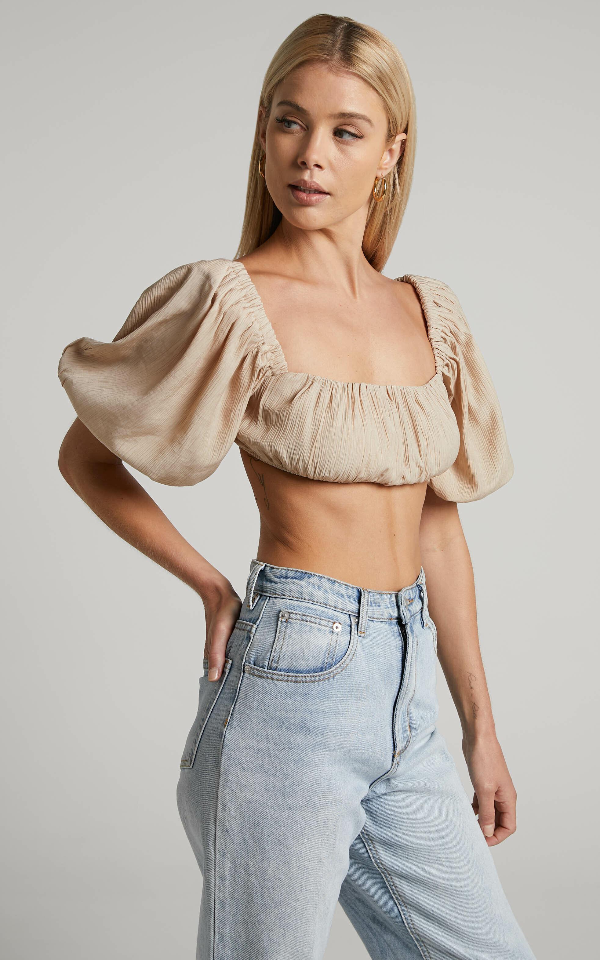 Dhalia Top - Ruched Puff Sleeve Crop Top in Sand Product Image