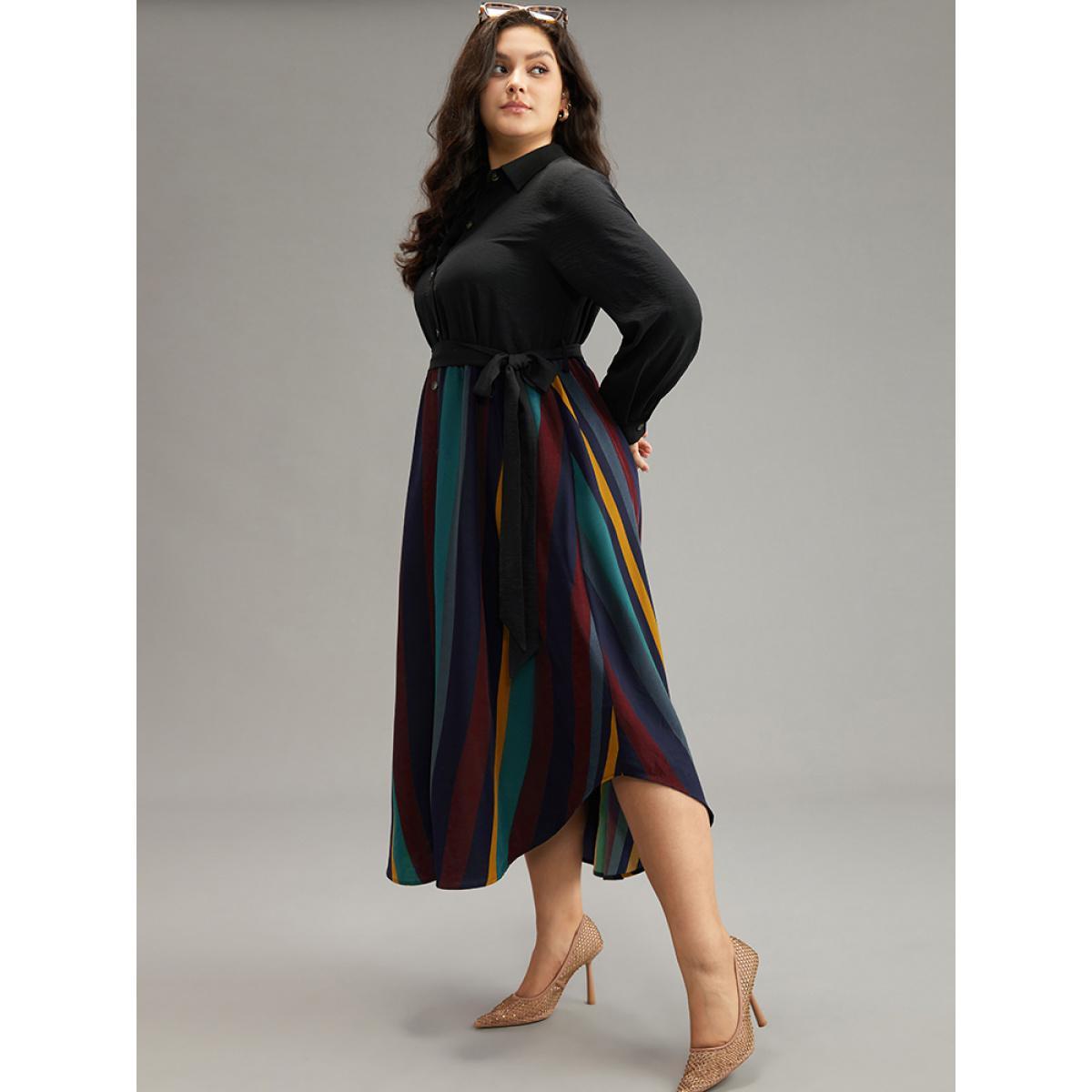 Plus Size Colour Striped Patchwork Belted Button Through Dress Scarlet Women Office Belted Shirt collar Long Sleeve Curvy Midi Dress BloomChic 26/4X Product Image
