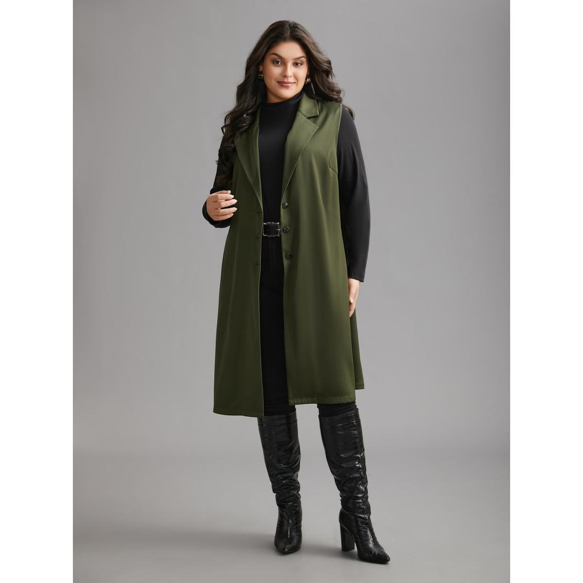 Plus Size Solid Lapel Collar Pockets Coat Women ArmyGreen Elegant Button Loose Ladies Everyday Winter Coats BloomChic 22-24/3X Product Image