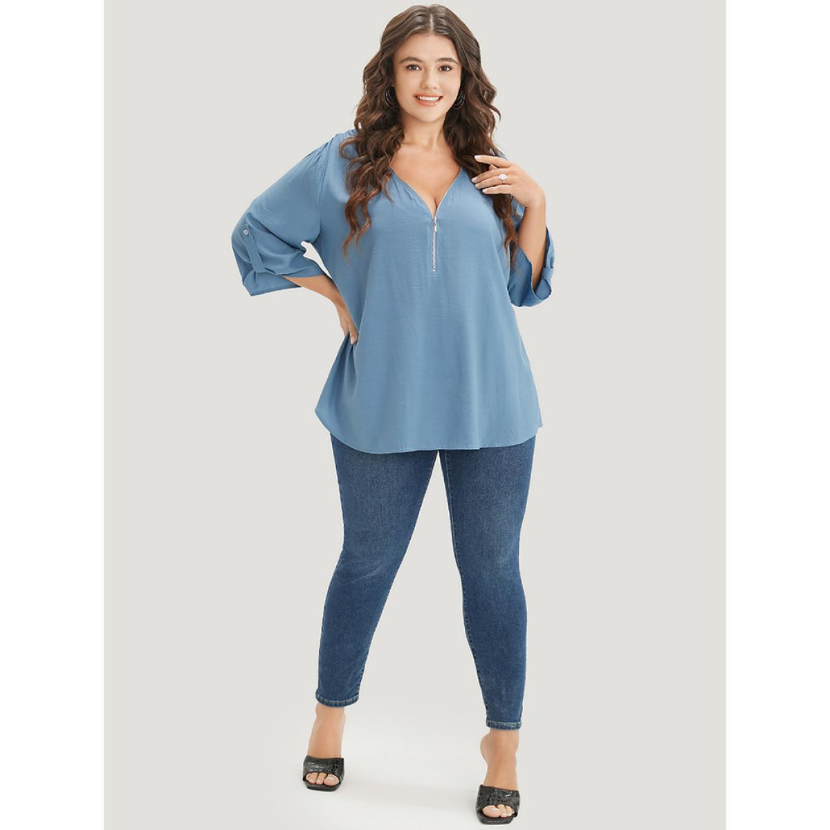 Plus Size Stone Solid Zipper Half Gathered Cuffed Sleeve Blouse Women Office Elbow-length sleeve V-neck Work Blouses BloomChic 12/L Product Image