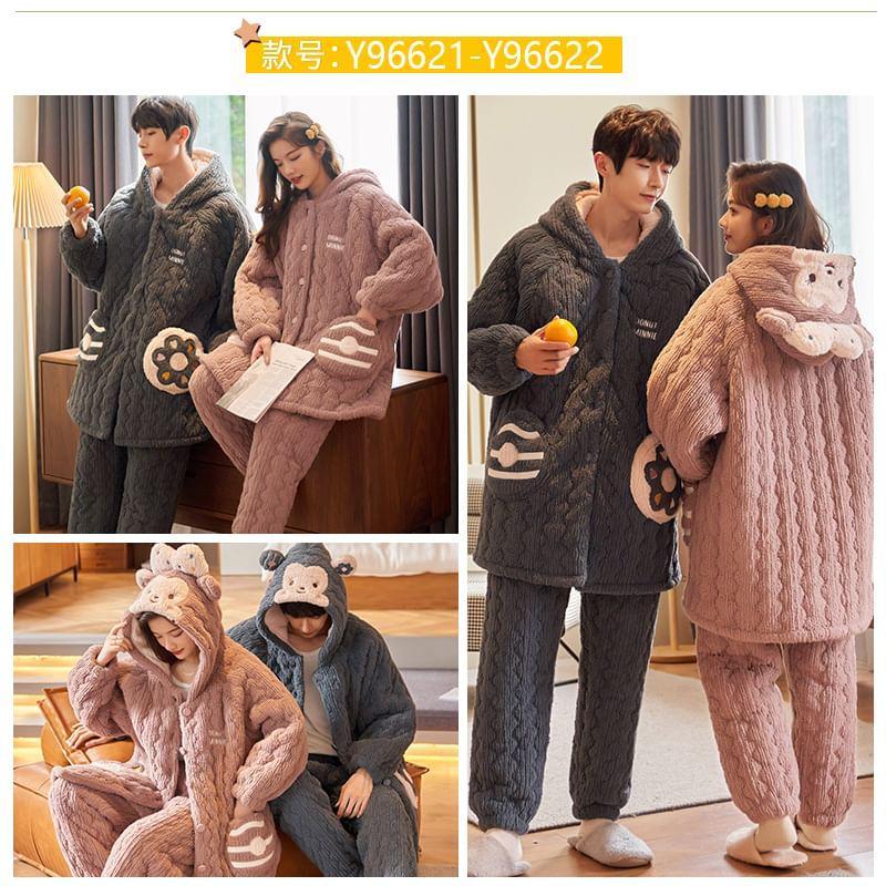 Couple Matching Pajama Set: Cartoon Patterned Hood Coral Fleece Button Jacket + Straight Leg Pants Product Image