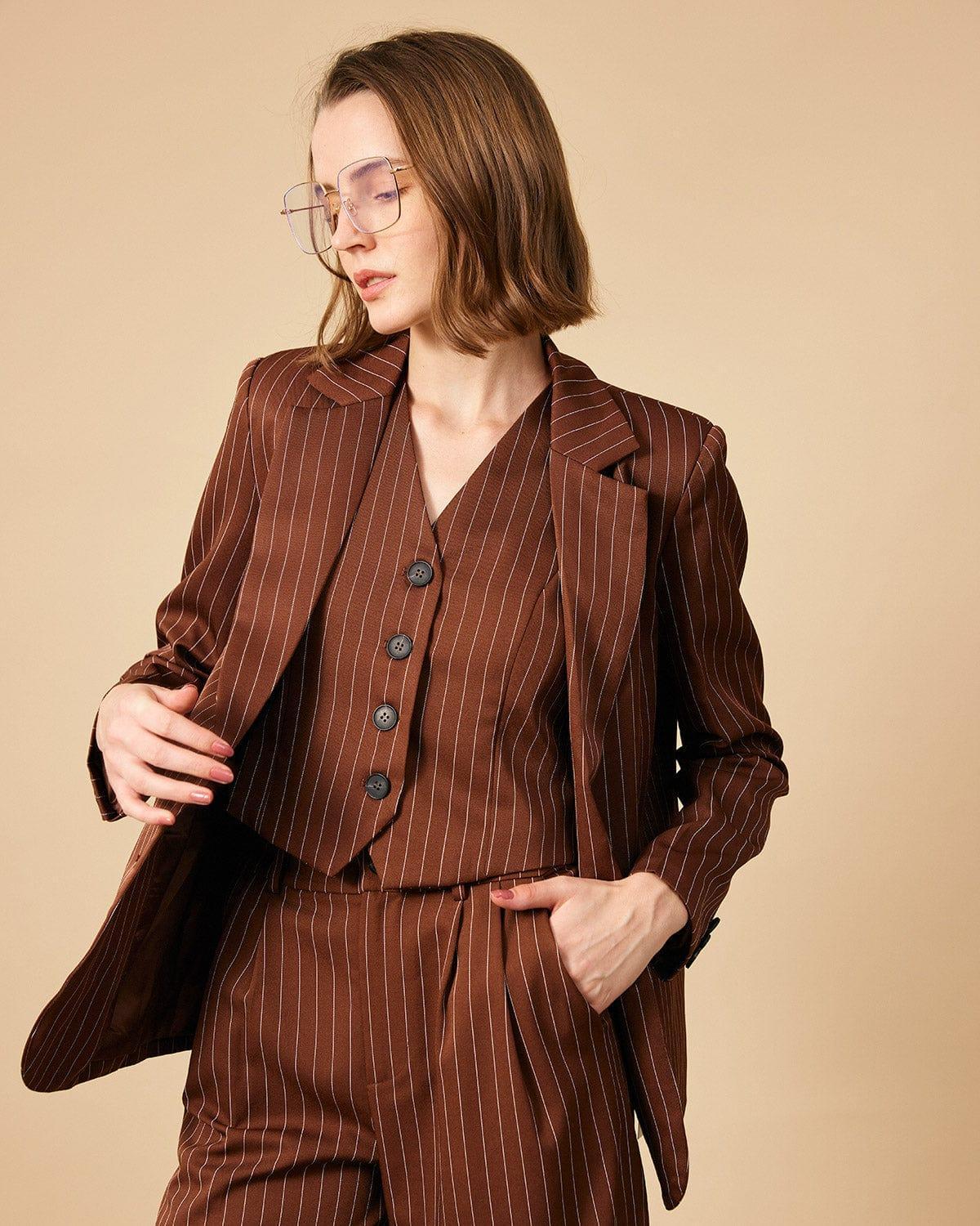 The Brown Striped One Button Collared Blazer Female Product Image