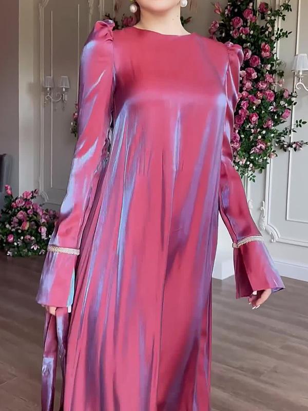 A-Line Long Sleeves Pleated Solid Color Tied Waist Zipper Round-Neck Maxi Dresses Product Image