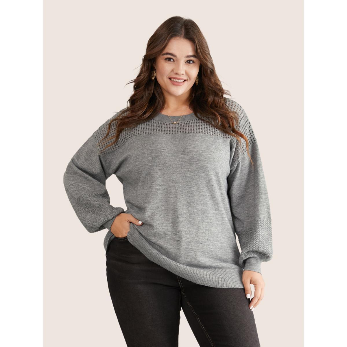 Plus Size Supersoft Essentials Plain Hollow Out Puff Sleeve Pullover Gray Women Casual Loose Long Sleeve Round Neck Dailywear Pullovers BloomChic 12/L Product Image