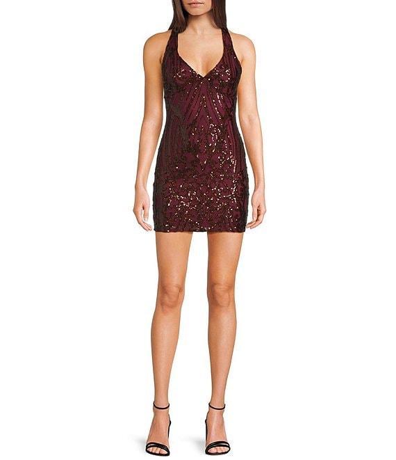 B. Darlin Sequin Patterned Halter V-Neck Tie Back Dress Product Image