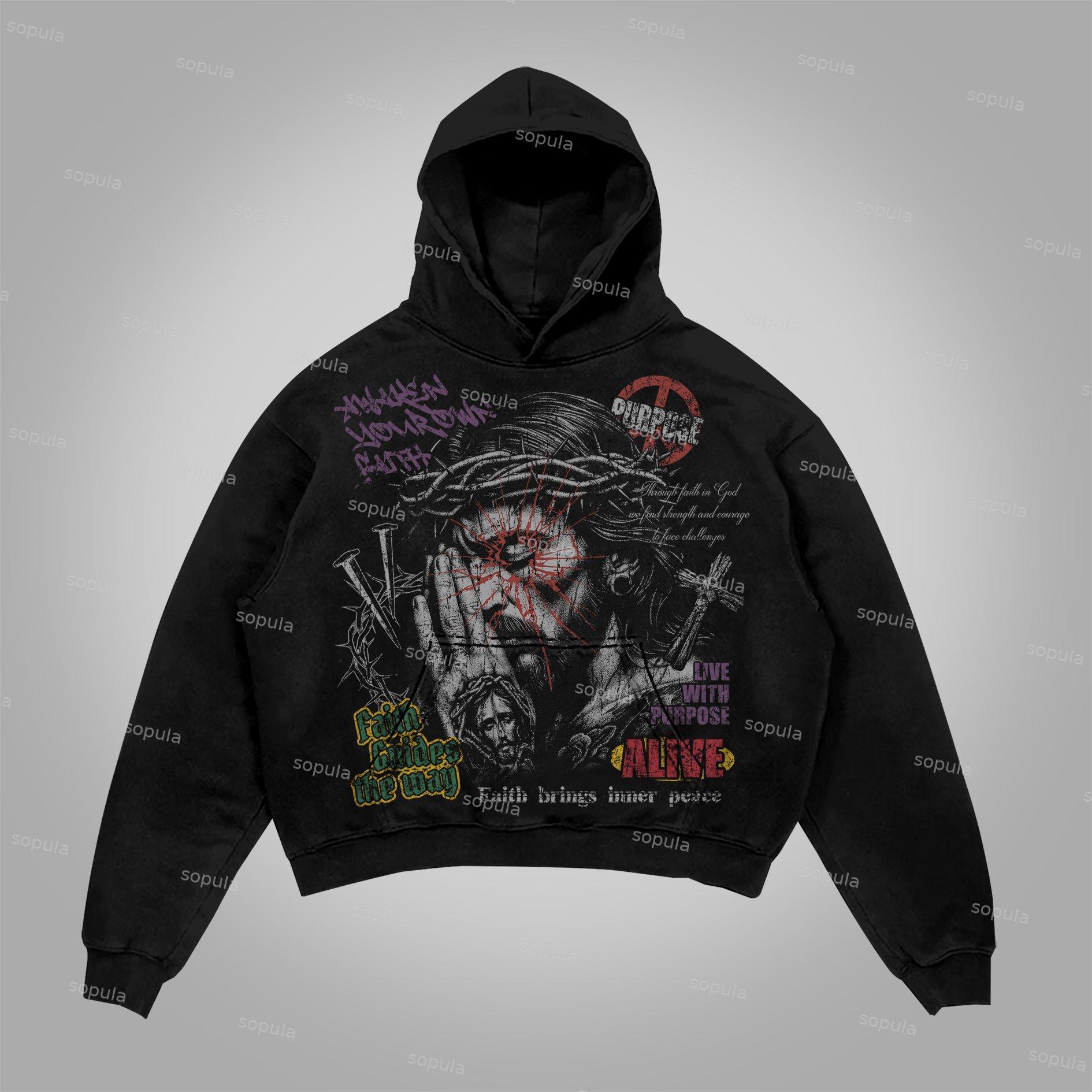 Sopula Pray For Jesus The Meaning Of Life Vintage Graphics Cotton Pocket Hoodie Product Image