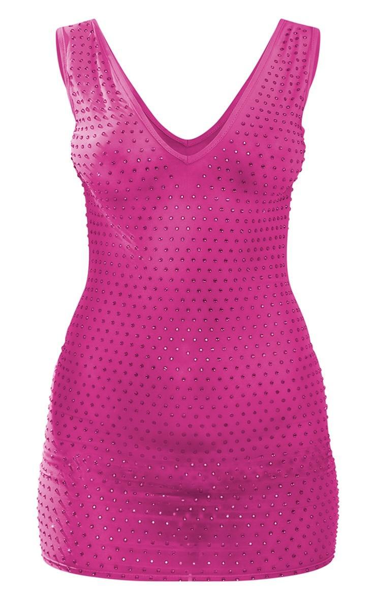 Hot Pink Diamante Mesh V Neck Open Back Bodycon Dress Product Image