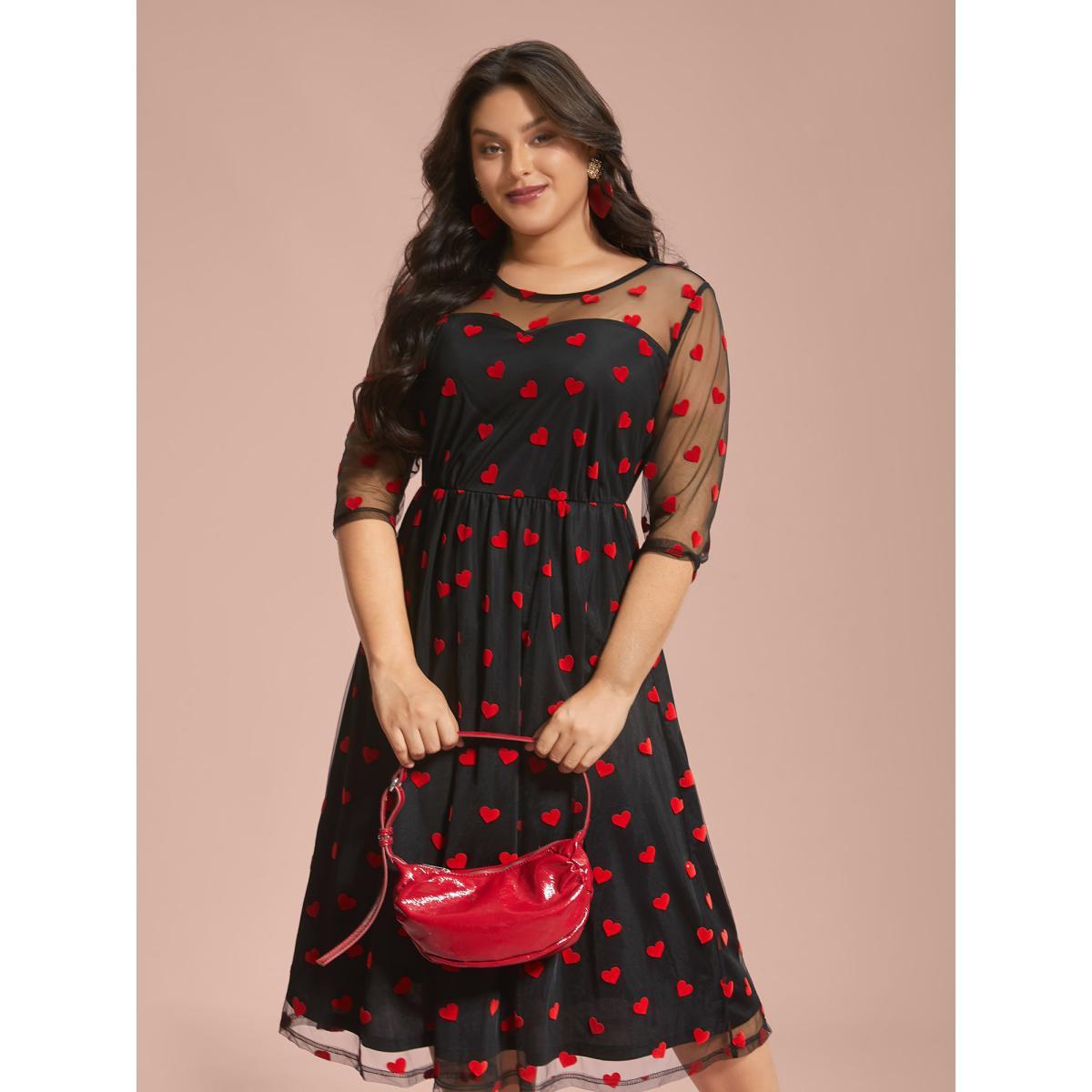 Plus Size Flocking Heart Mesh Patchwork Midi Dress Black Women Cocktail Texture Party Curvy Bloomchic 12/L Product Image
