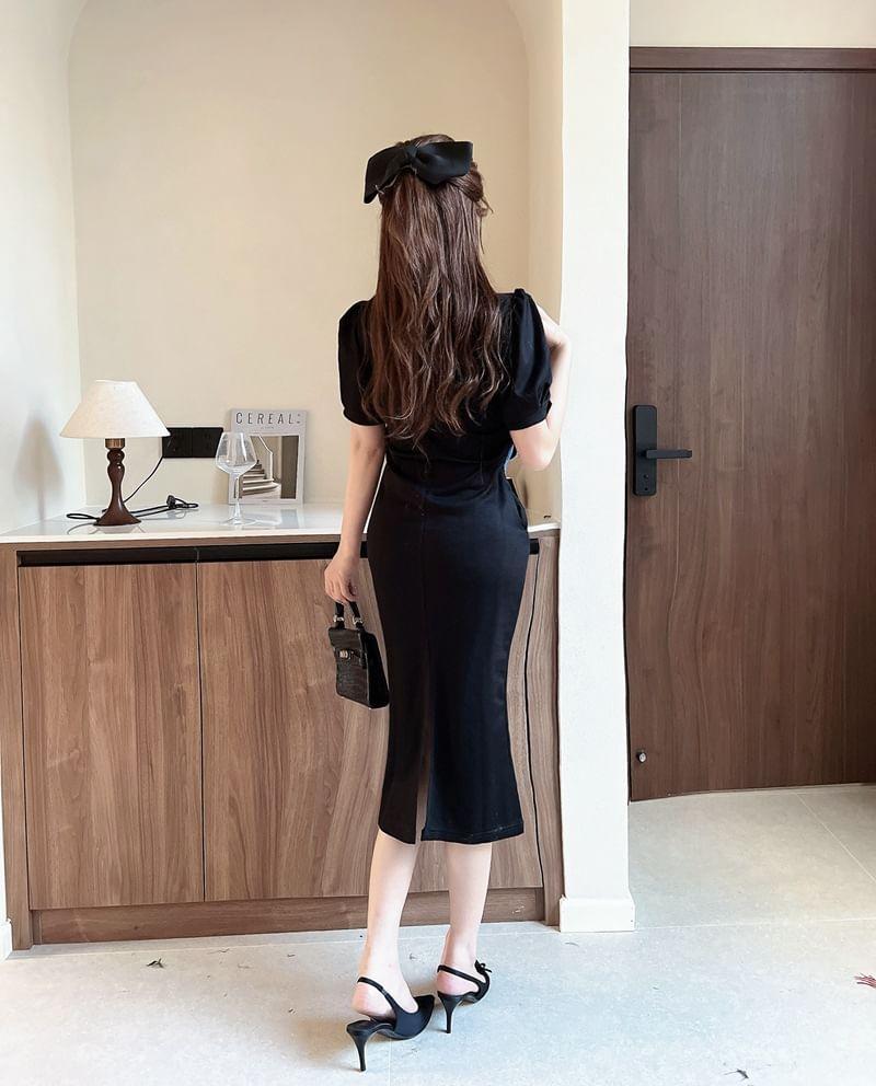 Mock Two-Piece Short-Sleeve Denim Panel Midi Sheath Dress Product Image