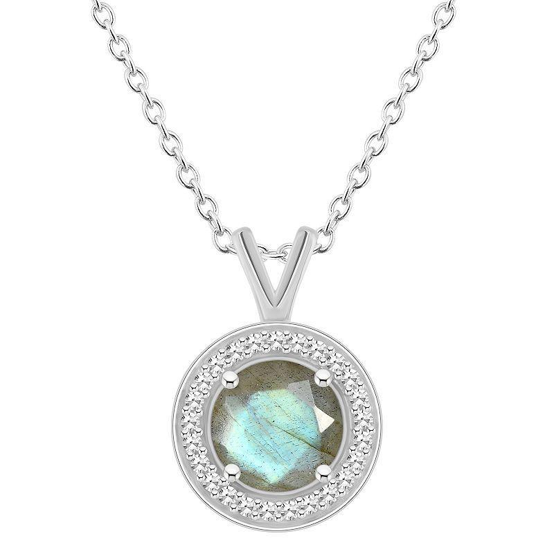 Celebration Gems Sterling Silver Round Gemstone & 1/8 Carat T.W. Diamond Halo Pendant Necklace, Womens Labradorite Product Image