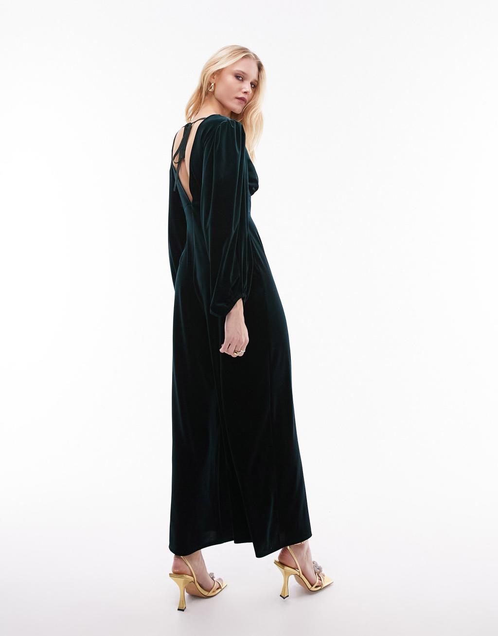 Topshop plunge neck velvet jumpsuit in green Product Image