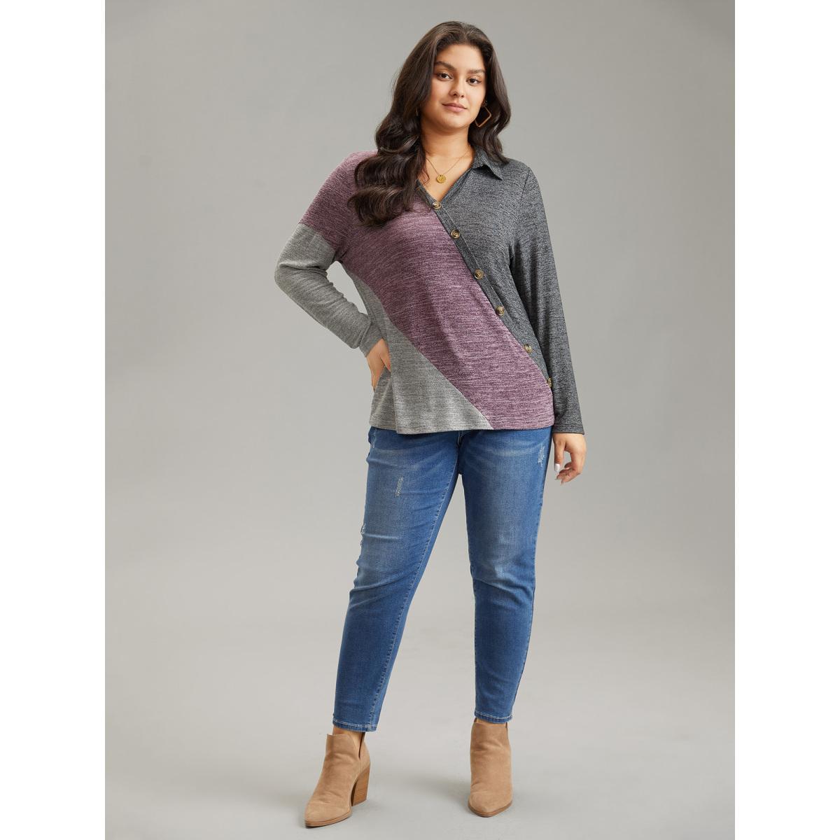 Plus Size Contrast Heather V Neck Button Detail T-shirt Multicolor Women Elegant Heather Plain V-neck Dailywear T-shirts BloomChic 22-24/3X Product Image