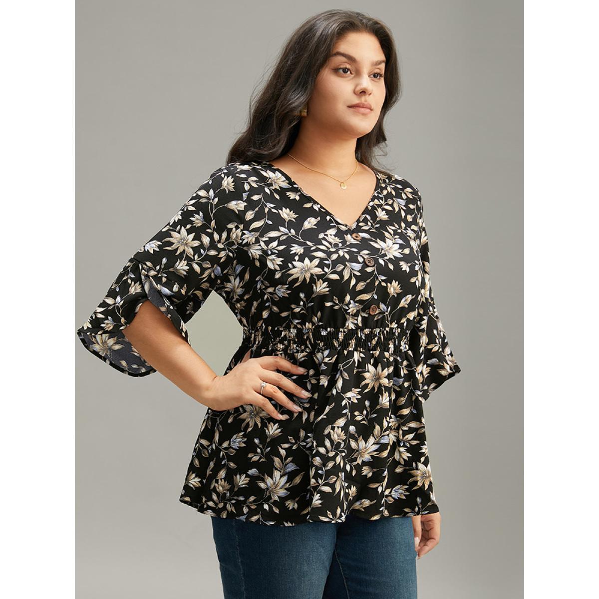 Plus Size BlackFlower Floral Print Shirred Button Detail V Neck Petal Sleeve Blouse Women Vacation Half Sleeve V-neck Dailywear Blouses BloomChic 28/5X Product Image