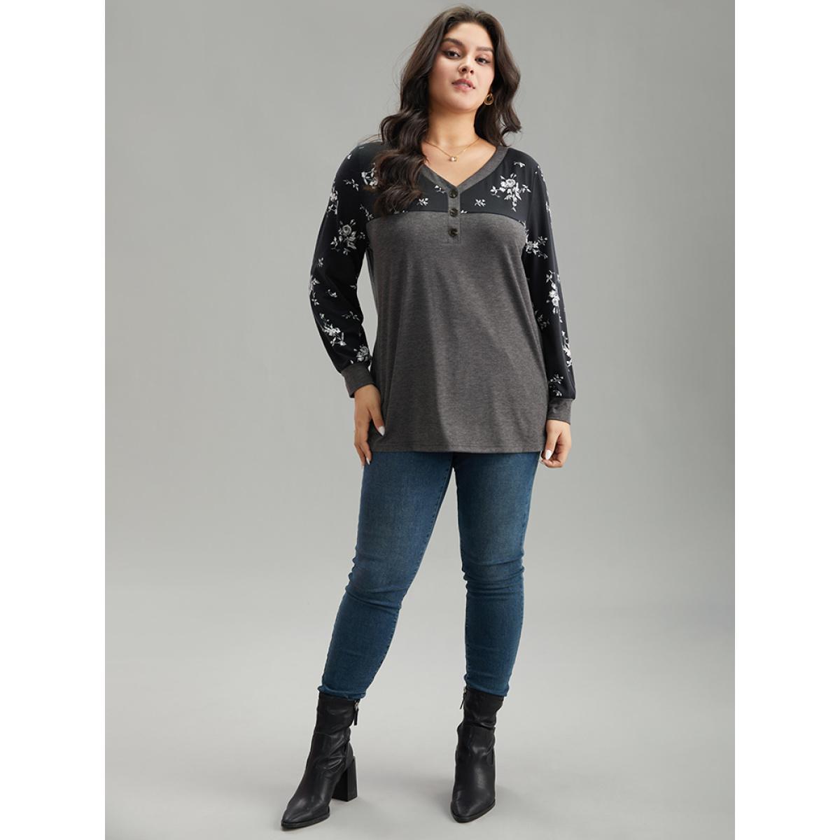 Plus Size Floral Print Patchwork Button Up T-shirt DimGray Women Elegant Printed Patchwork V-neck Dailywear T-shirts BloomChic 14-16/1X Product Image