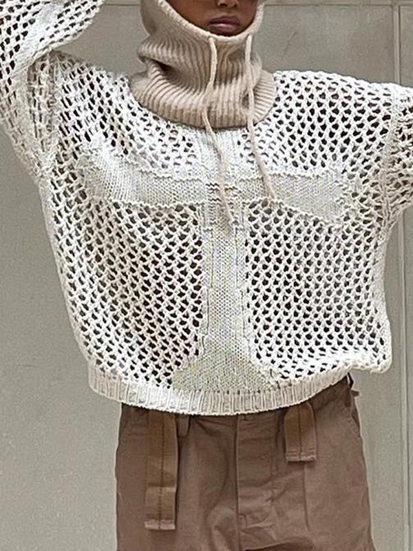Cross Pattern Crochet Hollow Long Sleeve Knit Top Product Image