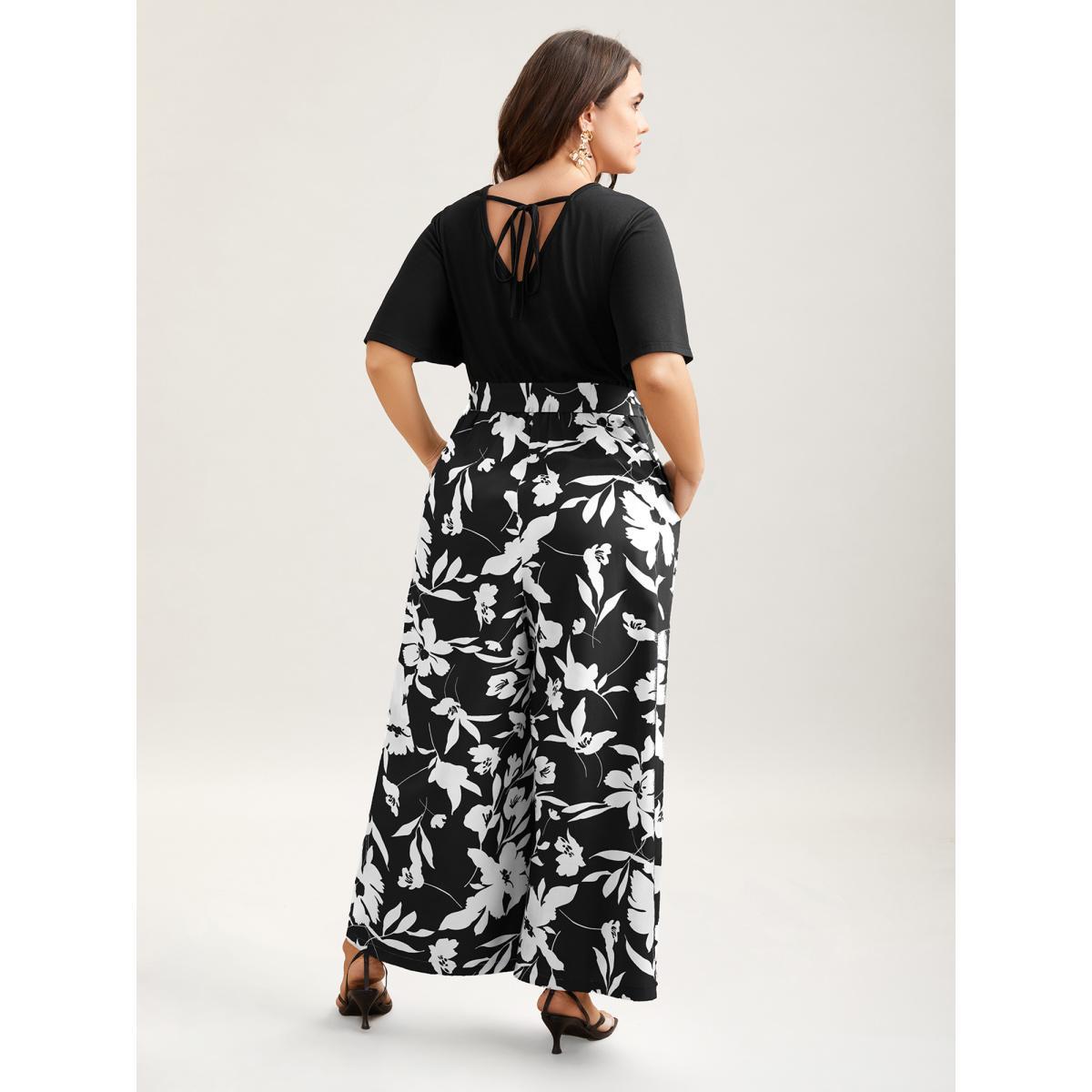 Plus Size Black Floral Print Spliced Belted Wide-Leg Jumpsuit Women Elegant Short sleeve V-neck Everyday-Elegant Loose Jumpsuits BloomChic 10/M Product Image