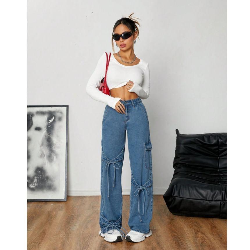 High Waist Bow Wide Leg Jeans Product Image