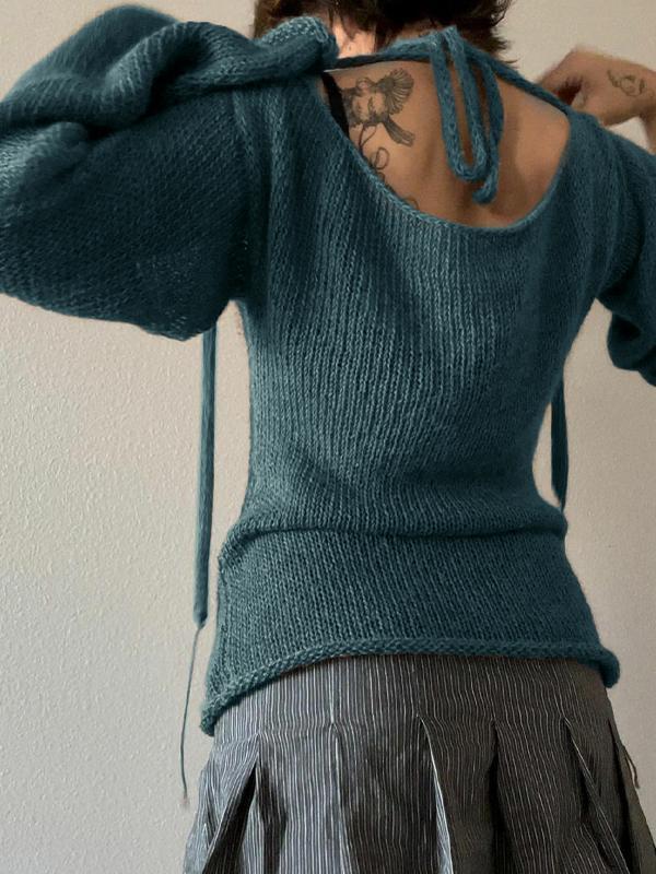 Solid Color Backless Lace Up Long Sleeve Knit Product Image