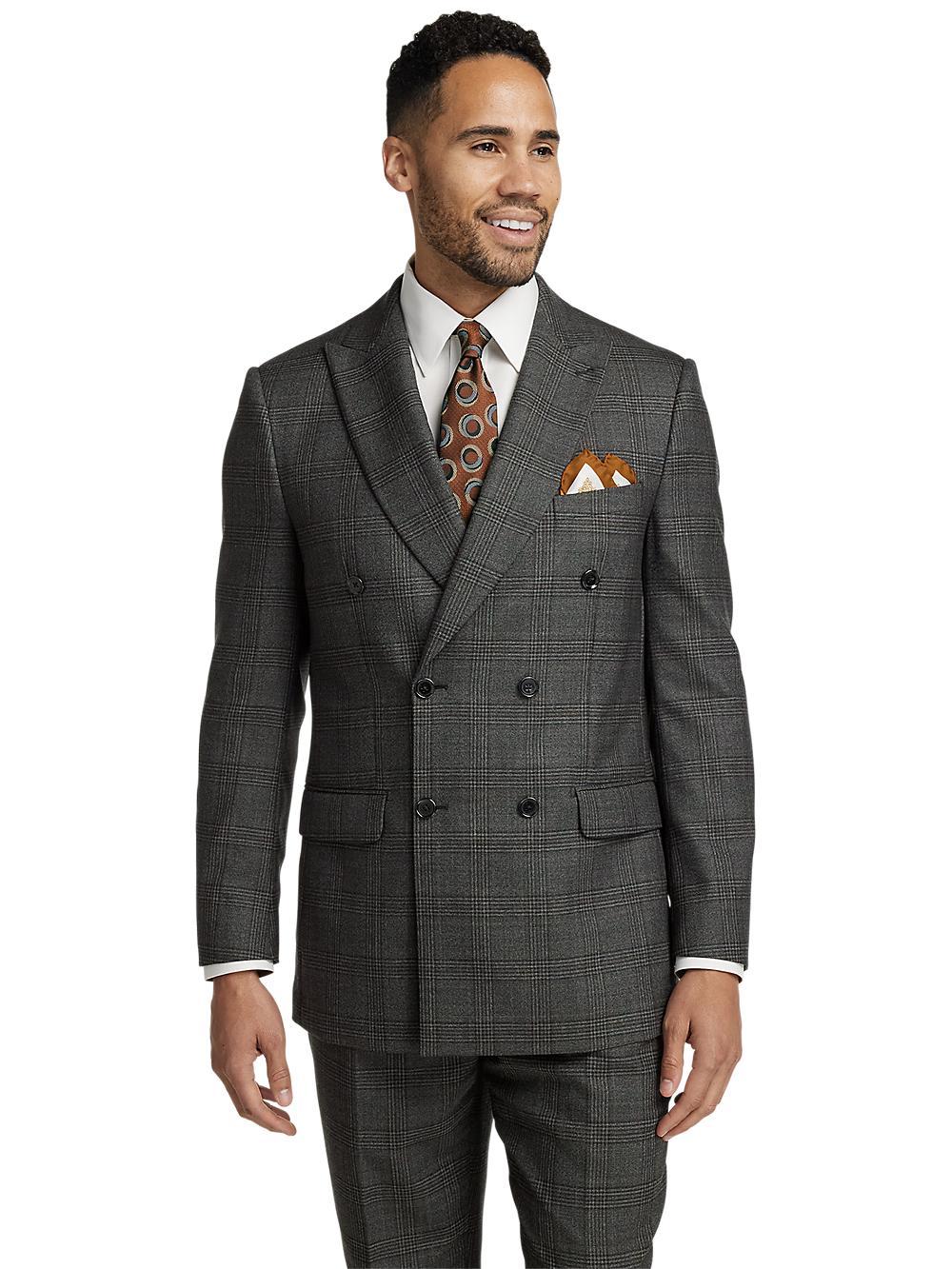 Wool Plaid Double Breasted Peak Lapel Suit Jacket - Charcoal Product Image