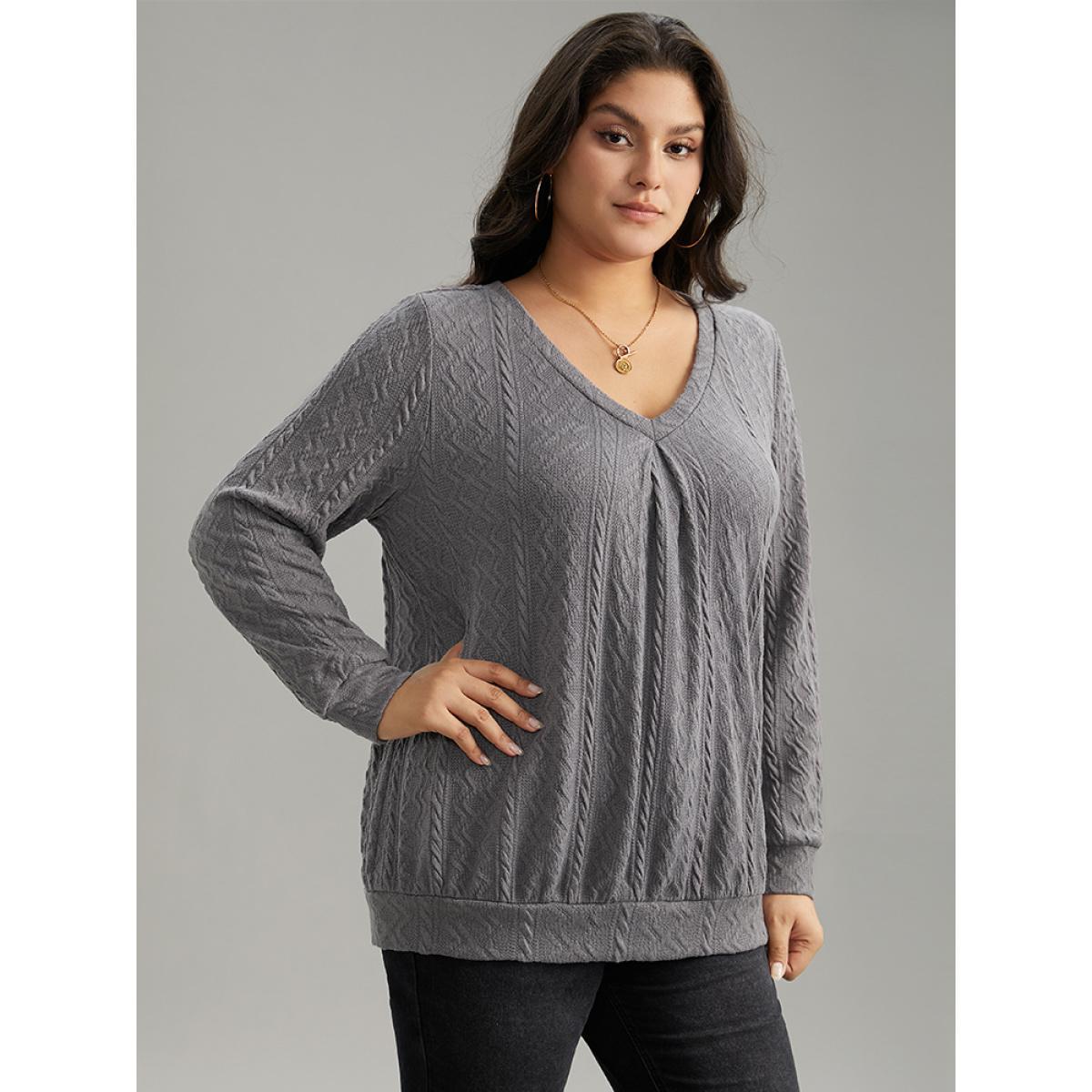 Plus Size Plain Geometric Textured Plicated Detail Sweatshirt Women Gray Casual Texture V-neck Dailywear Sweatshirts BloomChic 12/L Product Image