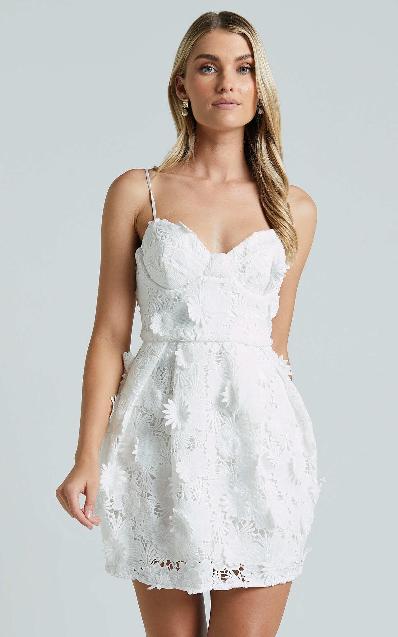 Attilie Mini Dress - Sweetheart Bustier 3D Floral in White Product Image