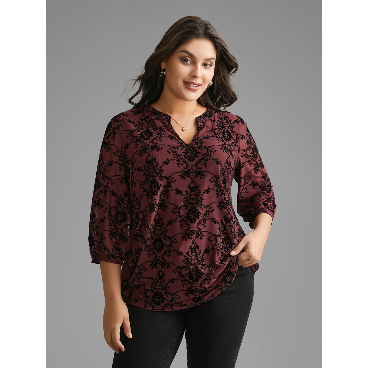 Plus Size Burgundy Boho Print Flocking Mesh Blouse Women Elegant Elbow-length sleeve Flat collar with V-notch Everyday Blouses BloomChic 10/M Product Image