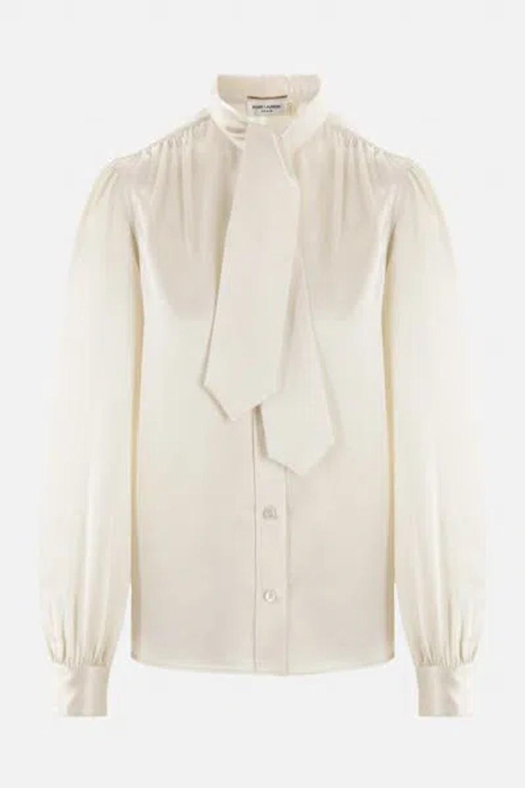 SAINT LAURENT Lavallière Collar Blouse In Silk Satin In Craie Product Image