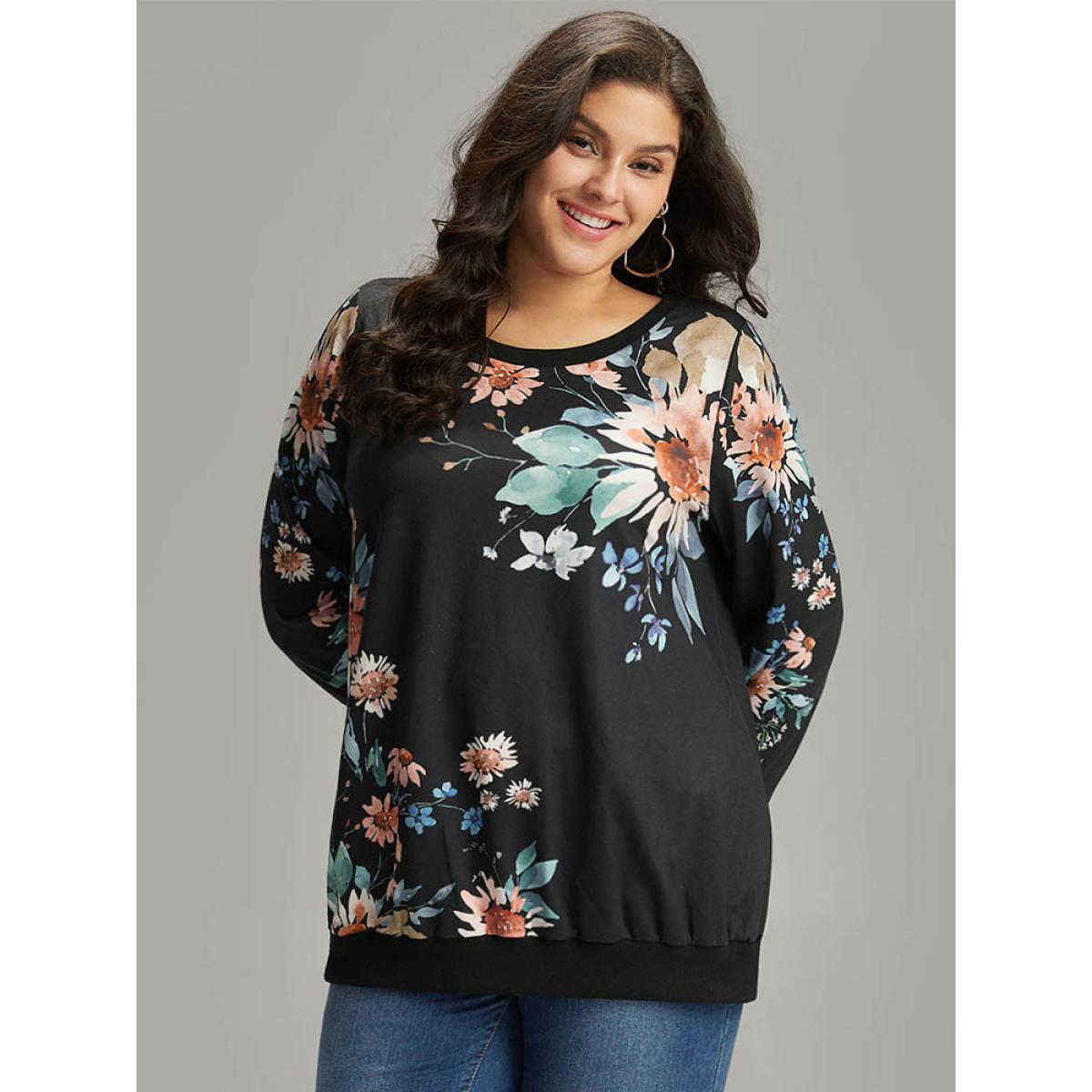 Plus Size Floral Print Round Neck Sweatshirt Women Black Casual Elastic cuffs Round Neck Dailywear Sweatshirts BloomChic 14-16/1X Product Image